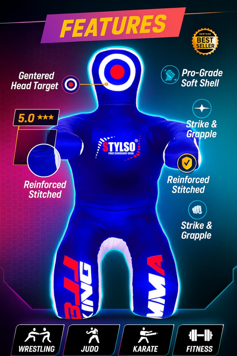 Stylso Un-Filled Grappling Dummy Wrestling Dummy Jiu Jitsu Dummy for BJJ MMA Judo Karate Practice Adult Kids and Youth Training Tackling Dummies - Blue, 5ft / 60" - Image 2